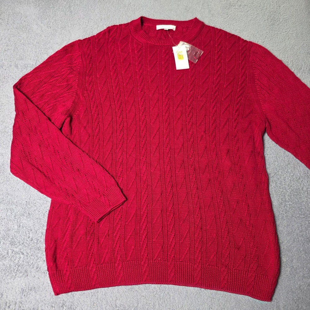 Turnbury Mens Large Sweater Red Cable Knit 100% Cotton Crew Neck Long Sleeve